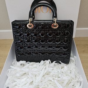 Authentic Lady Dior Large Patent Leather Black/Gold Bag 2020